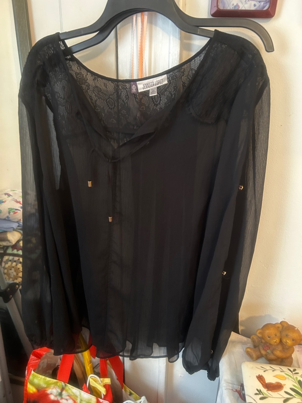Jennifer Lopez Black Sheer Lace-Trim Long Sleeve Blouse